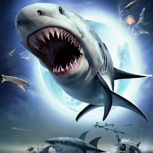 Image similar to Still from the movie Sharknado, in space with angry sharks floating on the left in front of the interstellar space filled with stars, ready to attack the planet earth on the right. Elegant, intricate, digital painting, artstation, concept art, smooth, sharp focus, illustration, art by artgerm and greg rutkowski and alphonse mucha.