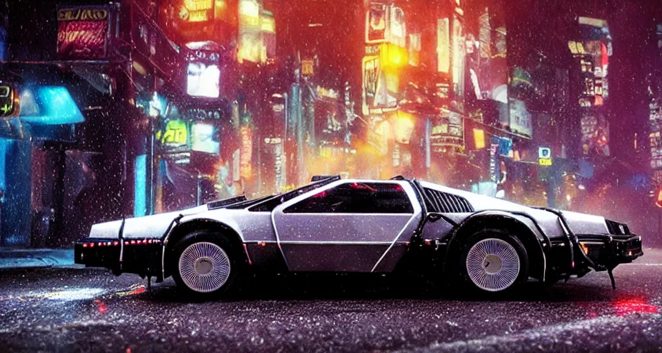 Image similar to a 2 8 mm closeup photo of a tela tron neon delorean back to the future car on wet city street at night, intricate, hyper detailed, smooth, high contrast, neon, volumetric lighting, octane, moebius, greg rutkowski, blade runner, ripley scott, mad max, cindmatic