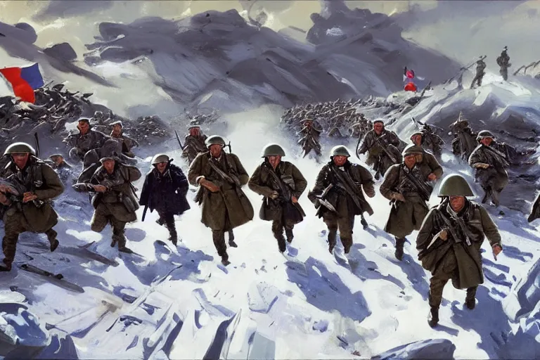 Prompt: far distance, intense vibrant film still of infantry wearing trenchcoats charging across a bridge, ww 2 snowy mountain battle 1 9 4 4, airplanes, oil painting by john singer sargent, adrian smith, greg rutkowski, trending on artstation