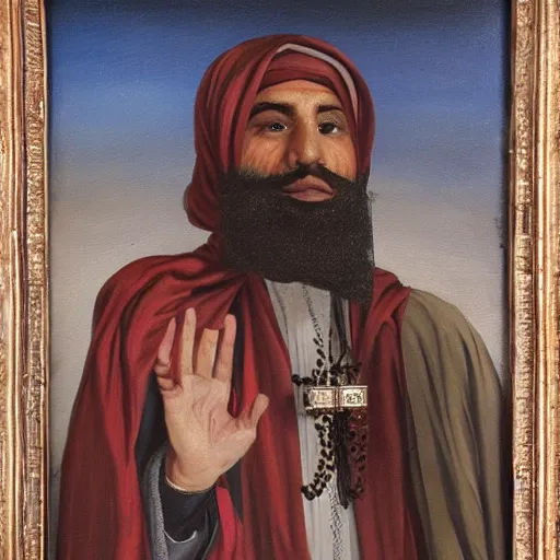 Image similar to a cyborg dressed in arab clothes, has a long beard, holds a rosary, and wears an arab abaya, oil painting