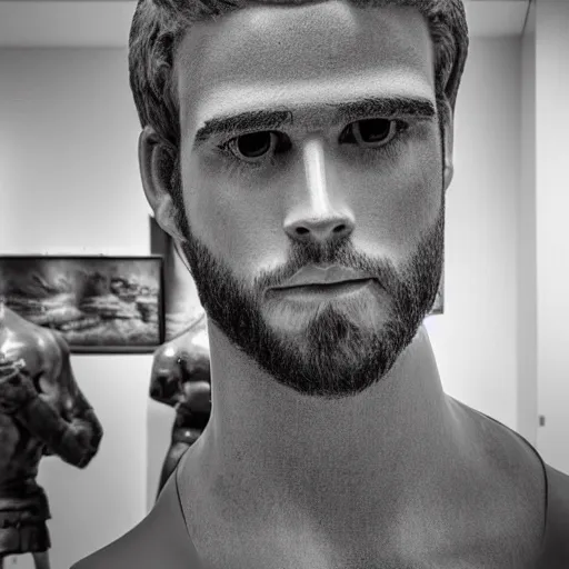 Image similar to “a realistic detailed photo of a guy who is an attractive humanoid who is half robot and half humanoid, who is a male android, actor Liam Hemsworth, shiny skin, posing like a statue, blank stare, at the museum, on display”