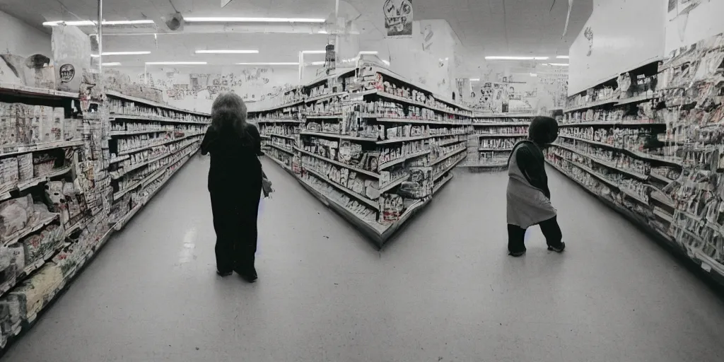 Prompt: elderly goblin women in abandoned grocery store aisle rushes towards you after you tell her no worries, 50mm film, flash photography, blurry, shaky