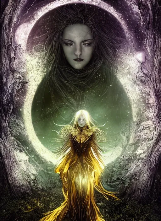 Image similar to glowing silver and golden elements, portrait, A beautiful dark witch in front of the full big moon, book cover, green forest, red white black colors, establishing shot, extremly high detail, foto realistic, cinematic lighting, pen and ink, intricate line drawings, by Yoshitaka Amano, Ruan Jia, Kentaro Miura, Artgerm, post processed, concept art, artstation, matte painting, style by eddie, raphael lacoste, alex ross