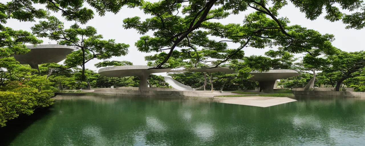 Image similar to The Oval at Benesse Art Museum Naoshima, Japan, built by Tadao Ando, brutalist architecture, pond in the center, overgrown with foliage, kodachrome, 35mm