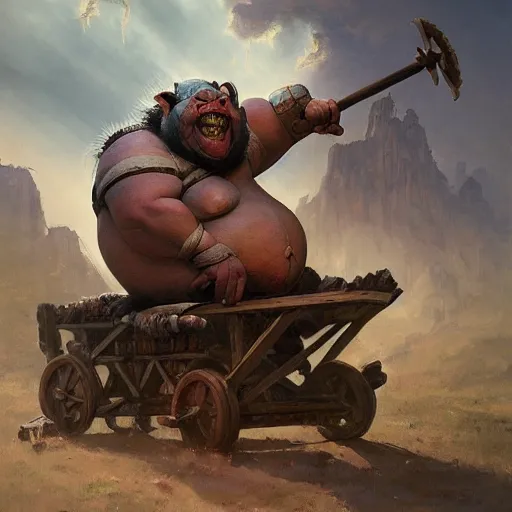 Prompt: fat fantasy goblin riding in a rickety wooden cart holding a lance, organic painting, sunny day, matte painting, bold shapes, hard edges, street art, trending on artstation, by huang guangjian, gil elvgren, ruan jia, greg rutkowski, gaston bussiere