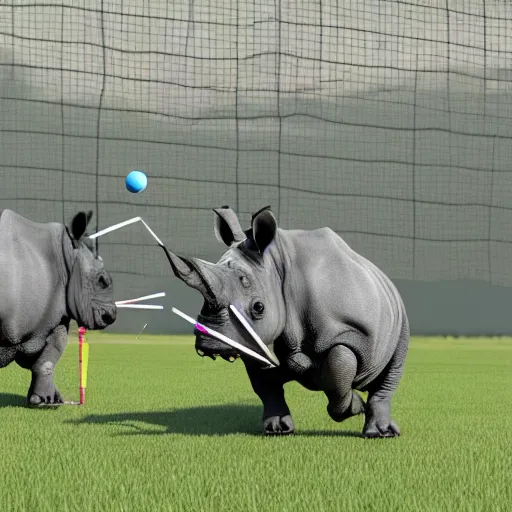 Prompt: rhinoceros playing badminton, photorealistic