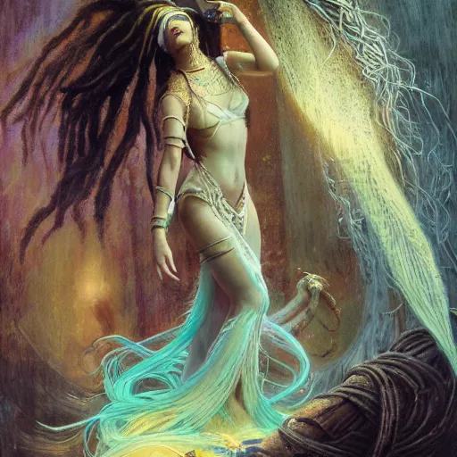 Image similar to birth of mami wata, sumerian goddess inanna ishtar, ashteroth, techno mystic goddess princess intergalactica, with aqua neon rapunzel dreadlocks, mami wata, detailed, by gaston bussiere, bayard wu, greg rutkowski, giger, maxim verehin, greg rutkowski, masterpiece, sharp focus,