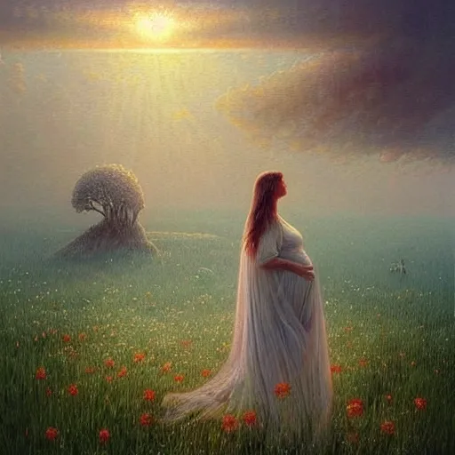 Prompt: a beautiful portrait of a pregnant woman in a white cotton dress pondering life as she watches the sun set, nature, field of wild flowers, deviantart, fantasy art, sunrays shine upon it, deviantart, mystical, art style by zdzistaw beksinski and peter gric and thomas kinkade