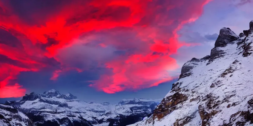 Prompt: Red Clouds above beautiful switzerland, stunning amazing.