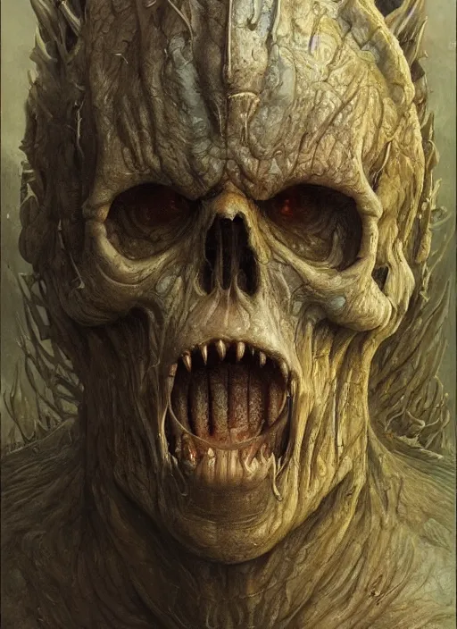 Image similar to realistic scifi monster in hell, closeup portrait art by donato giancola and greg rutkowski, realistic face, digital art, trending on artstation, skull helmet, symmetry!!!