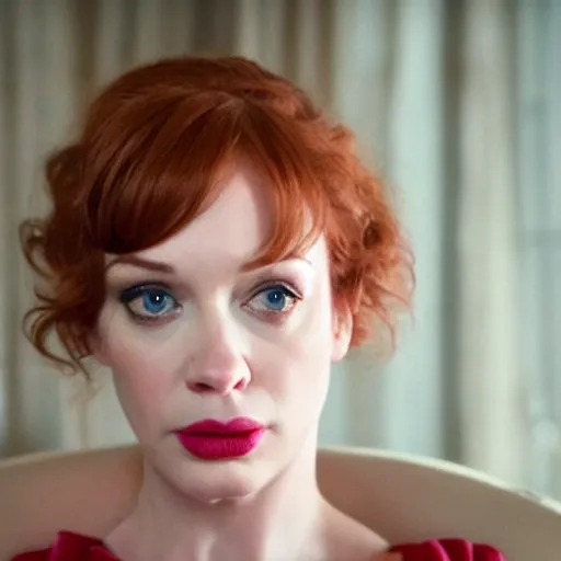 Image similar to amazing beautiful Christina Hendricks with puffy lips in the living room, film still from the movie directed by Denis Villeneuve , wide lens