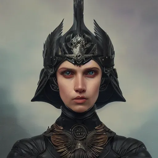 Image similar to tom bagshaw, very beautiful genetic mix of australian hawk and raven winged helm, professionally retouched, focus eyes, ultra realistic soft painting, insanely detailed linework, symmetrical accurate intricate features, behance artstation, 8 k