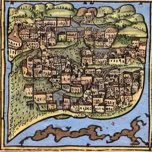 Prompt: pretty medieval map of markiplier town