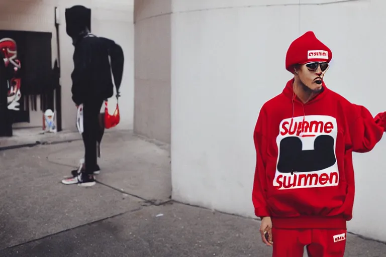 Prompt: hotdog man in a supreme lookbook photo