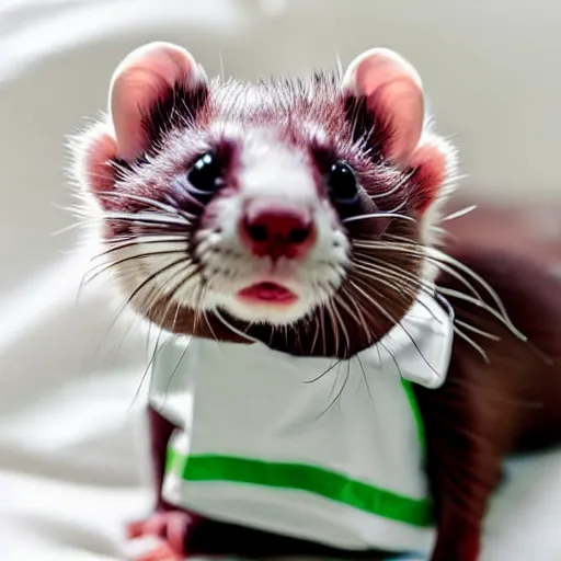 Image similar to a ferret wearing a hospital gown