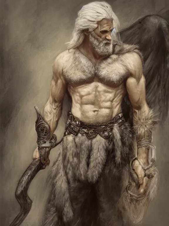 Prompt: ainted portrait of rugged odin, god of war, norse god, white hair, masculine, mature, handsome, upper body, grey and silver, muscular, hairy torso, fantasy, intricate, muscular, elegant, highly detailed, digital painting, artstation, concept art, smooth, sharp focus, illustration, art by gaston bussiere and alphonse mucha