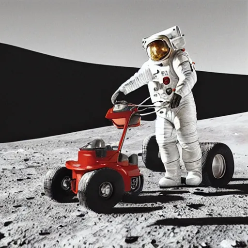 Prompt: photo realistic Hank hill wearing a full suit of armor riding a lawnmower on the moon, Kodachrome photo