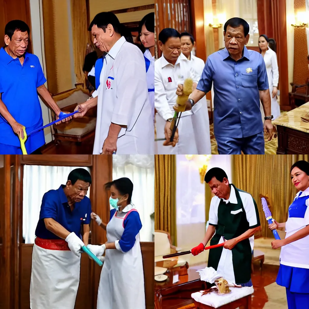 Prompt: president duterte cleaning the room in maid outfit,