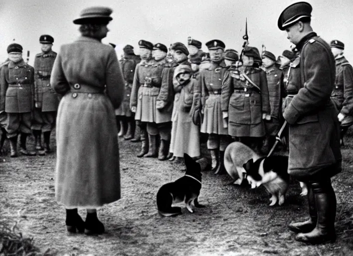 Image similar to ultra wide 1 9 4 6 historical far away photo a german general surrendering to young queen elizabeth, her corgis are nearby highly detailed