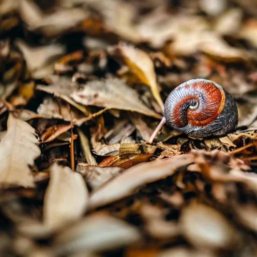 Image similar to snail on dead leaves in a forest, canon eos r 3, f / 1. 4, iso 2 0 0, 1 / 1 6 0 s, 8 k, raw, unedited, symmetrical balance, in - frame,