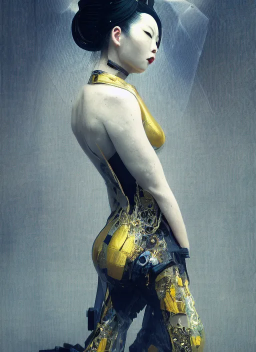 Image similar to portrait of a sensual futuristic geisha cyborg, kintsugi, modern fine art, fractal, intricate, elegant, highly detailed, digital photography, subsurface scattering, by jheronimus bosch and greg rutkowski,