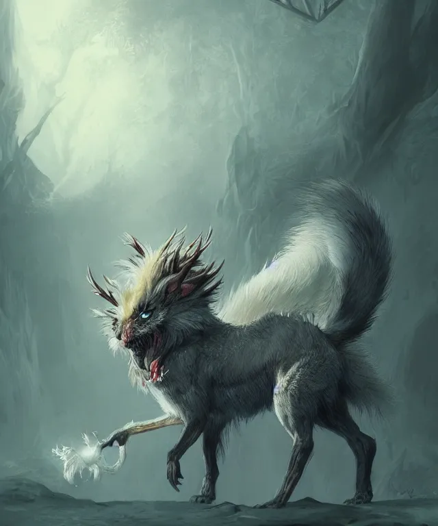 Image similar to a mythical creature covered in fur and spitting caustic acid, fantasy, elegant, digital painting, artstation, concept art, matte, sharp focus, illustration, art by koyoharu gotouge