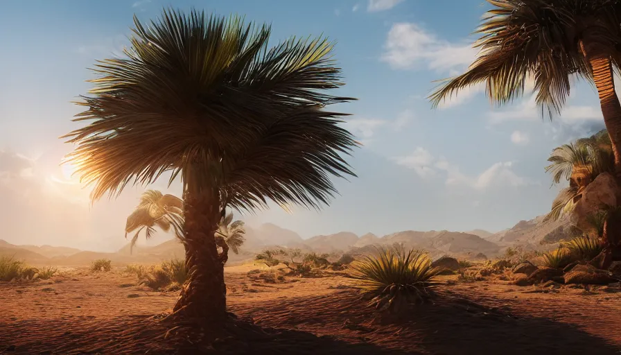 Prompt: A single palm tree in the middle of a desert under a bright sun, hyperdetailed, artstation, cgsociety, 8k