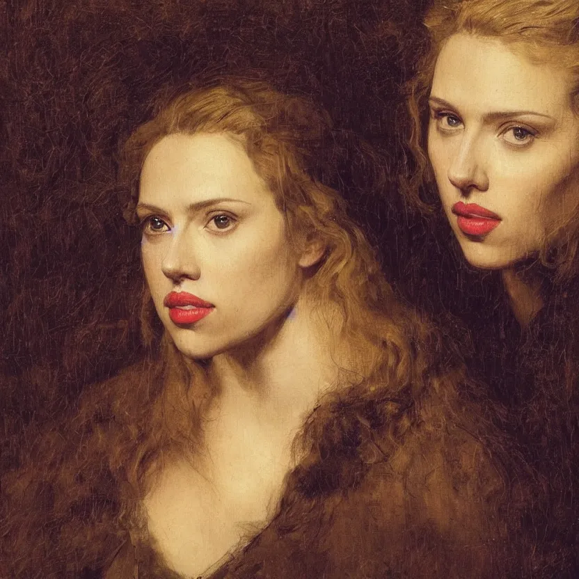 Prompt: A portrait of Scarlett Johansson by Rembrandt van Rijn; masterpiece; masterpiece; masterpiece; masterpiece; masterpiece