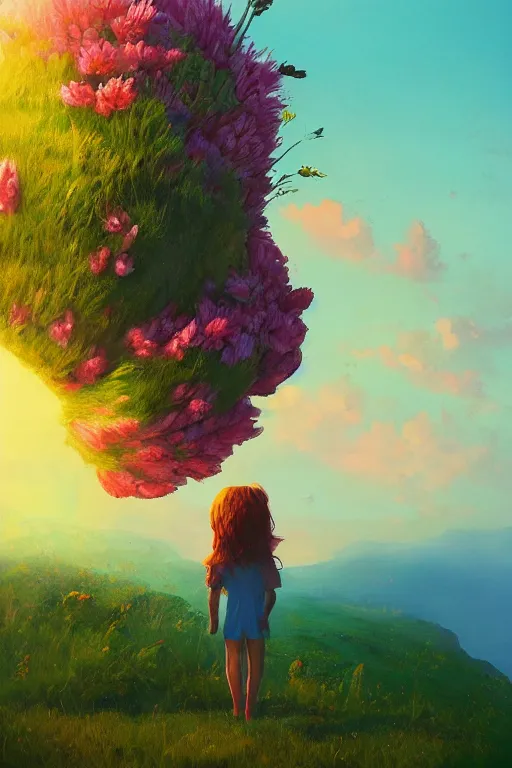 Image similar to closeup, giant flower head, girl standing on cliff, surreal photography, sunrise, blue sky, dramatic light, impressionist painting, digital painting, artstation, simon stalenhag