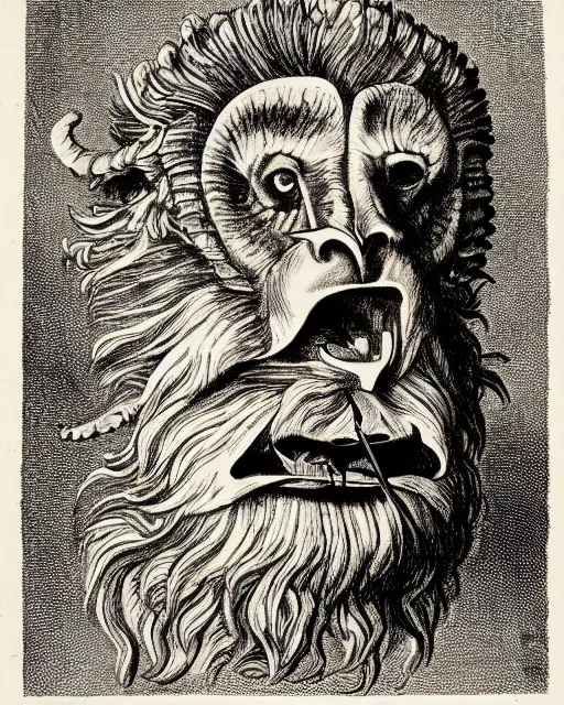 Image similar to a creature with the body and eyes of a man, with the beak of an eagle, the mane of a lion, and the horns of an ox. drawn by francis bacon