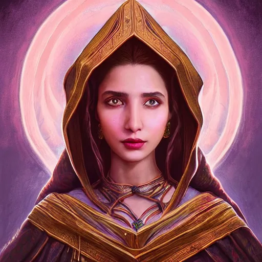 Prompt: head-on symmetrical centered painted portrait, Mahira Khan as a D&D wizard, medieval magical robes, fantasy, intricate, elegant, highly detailed, digital painting, smooth, sharp focus, illustration, artstation, in the style of Artgerm and Anna Podedworna and Alex Ross