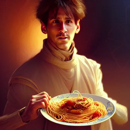 Image similar to Messi eating spaghetti, upclose, D&D, fantasy, intricate, elegant, highly detailed, digital painting, artstation, concept art, matte, sharp focus, illustration, art by Artgerm and Greg Rutkowski and Alphonse Mucha