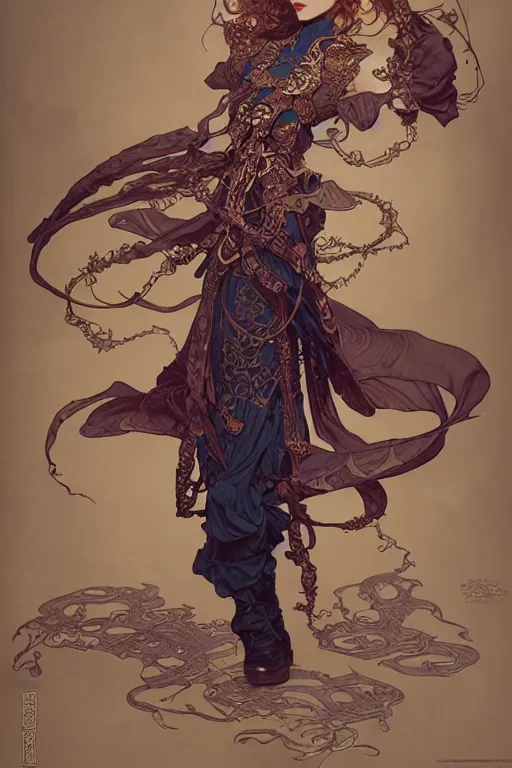 Image similar to magician style clothing design, fantasy, highly detailed, intricate, smooth, art by joseph leyendecker, peter mohrbacher, ruan jia, marc simonetti, ayami kojima, cedric peyravernay, alphonse mucha, victo ngai