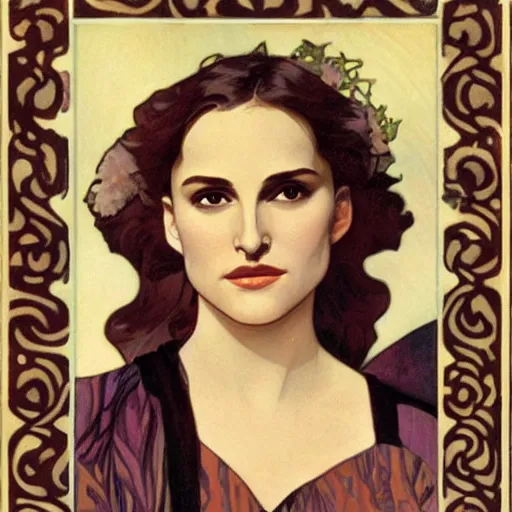 Prompt: a closeup portrait of a young natalie portman, art nouveau, jugendstil, decorative background, spirals, painted by alphonse mucha