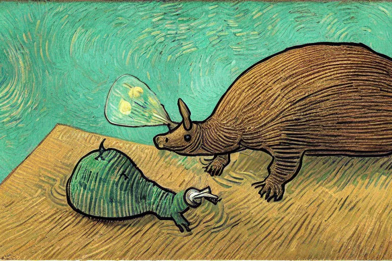 Image similar to an armadillo smoking a joint by vincent van gogh, digital art,