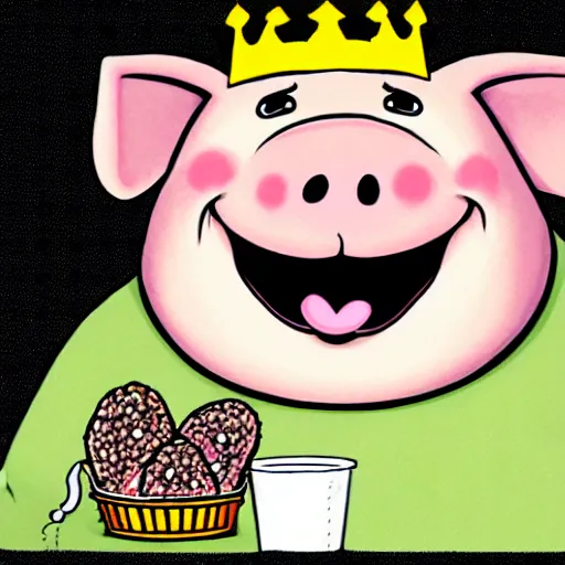 Image similar to comic art of a cute obese pig smiling in a black shirt wearing a crown eating snacks, drawn by Bruce MacKinnon, 4K