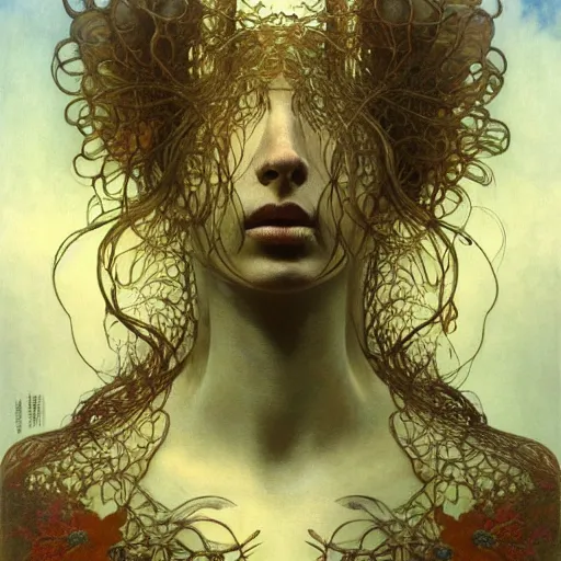 Prompt: by zdzisław beksinski, iris van herpen, raymond swanland and alphonse mucha. highly detailed, hyper - real, beautiful