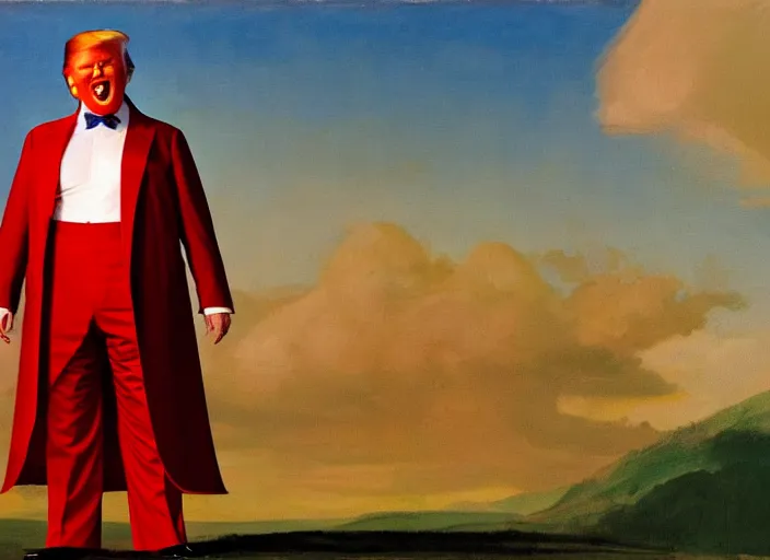 Image similar to donald trump dressed as ronald mcdonald, matte painting, by isaac levitan and asher brown durand,