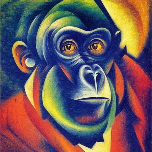 Image similar to cubo - futurism art portrait of an ape monkey by umberto boccioni, futuristic very abstract style, color painting