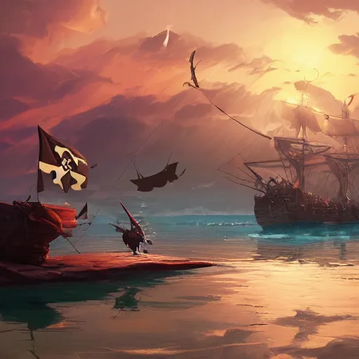 Image similar to two large pirates ship floating on top of a body of water at sunset, fighting each other, pirates flag , cgsociety, fantasy art, 2d game art, concept art , ambient occlusion, bokeh, behance hd , concept art by Jesper Ejsing, by RHADS, Makoto Shinkai Cyril Rolando