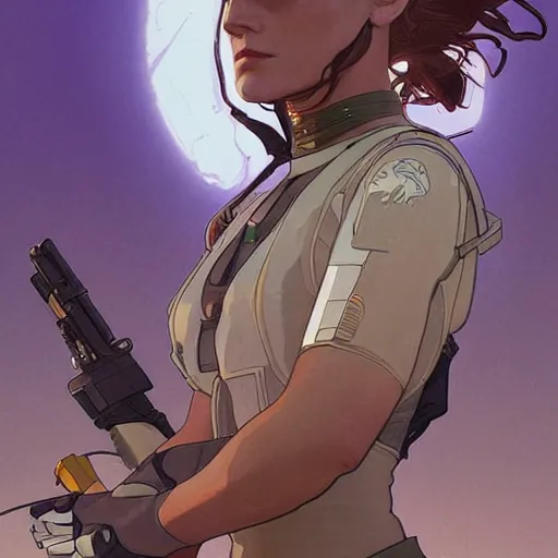 Image similar to Alicia Vikander as a dirty cyborg spaceship mechanic, highly detailed, artstation, digital illustration, concept art, by Kyoto Animation and Studio Ghibli, by Ilya Kuvshinov and Alphonse Mucha