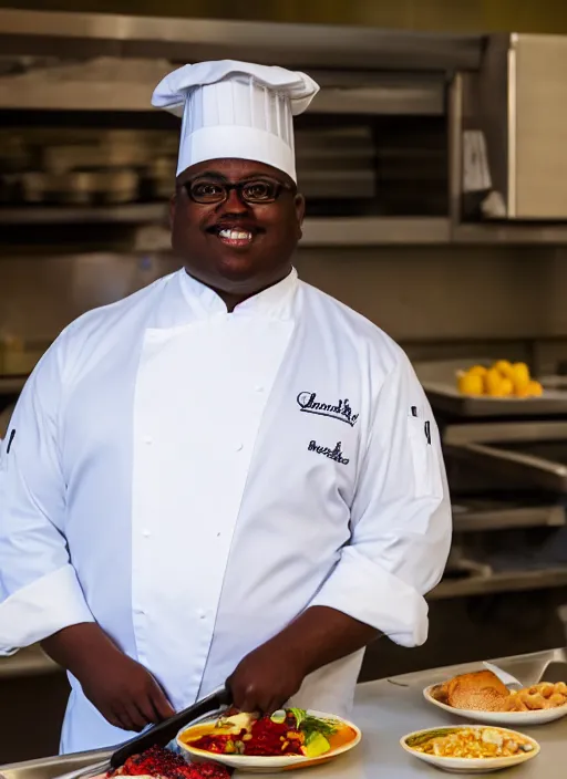 Image similar to portrait photo still of real life school chef jerome mcelroy fat with chef hat in school cafeteria holding a ladel, 8 k, 8 5 mm, f. 1 4