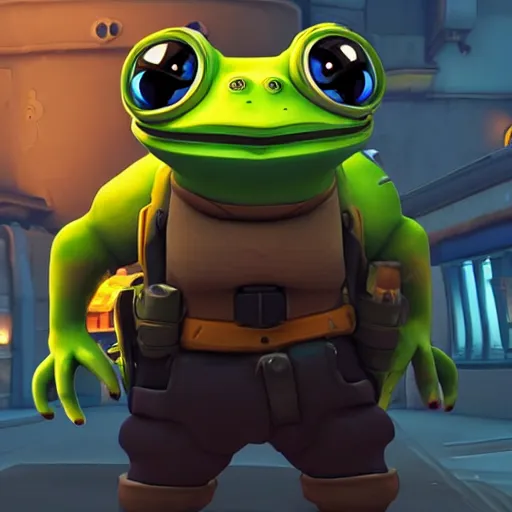 Image similar to Screenshot of Pepe the frog as an Overwatch hero