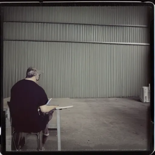 Image similar to a polaroid photo of man using a laptop inside in warehouse, he sitting on chair and small table, photo from behind