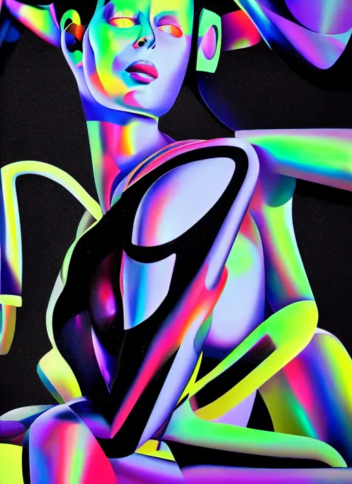 Image similar to futuristic lasers tracing, colorsmoke, fullbodysuit, pyramid hoodvisor, raindrops, wet, oiled, beautiful cyborg girl pinup, by steven meisel, kaws, rolf armstrong, cubist perfect geometry abstract acrylic, hyperrealism photorealistic airbrush collage painting, monochrome, neon fluorescent colors, minimalist rule of thirds, eighties eros