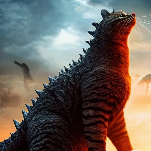 Image similar to a giant cat standing on hind legs destroying city, style of godzilla, low angle, realistic, 8 k