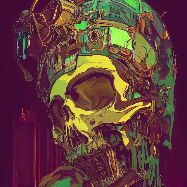 Image similar to a beautiful painting of a ( cyberpunk ) skull by simon stalenhag and pascal blanche and alphonse mucha! and nekro. in style of digital art. colorful comic, film noir, symmetry, hyper detailed. octane render. trending on artstation