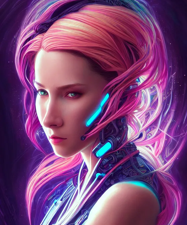 Image similar to beautiful adult woman wearing netrunner clothing, extremely detailed face, cyberpunk, cybernetic, cyborg, vaporwave aesthetic, synthwave, flowing hair, colorful, psychedelic, intricate, elegant, highly detailed, digital painting, artstation, concept art, smooth, sharp focus, illustration, art by artgerm and greg rutkowski and alphonse mucha