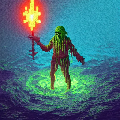 Image similar to voxel painting by greg rutkowski of a drowned zombie holding a trident with glowing cyan eyes, wearing ragged clothing, holding a trident, underwater, pastel green and blue color palette