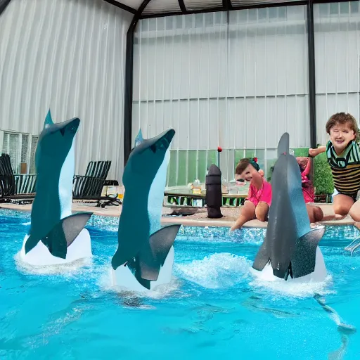 Prompt: full size mechanical sharks in a pool with children